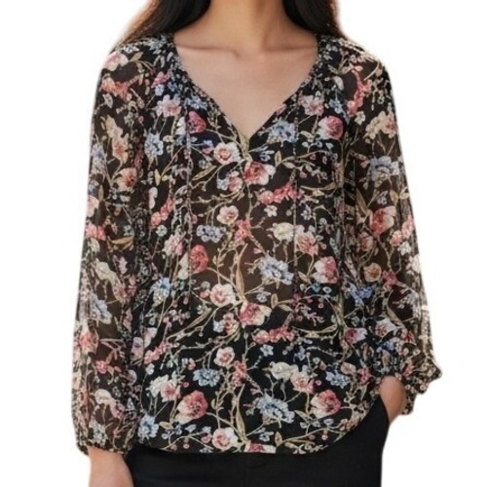 WHITE HOUSE BLACK MARKET Begonia Empire Floral Print Cut Out Sleeve Blouse EUC 0